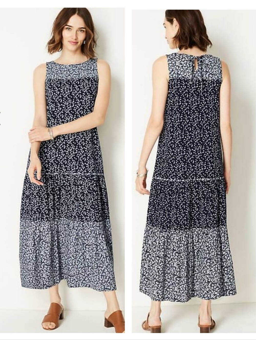 J. Jill Floral Tiered Maxi Dress Navy Blue Size Large